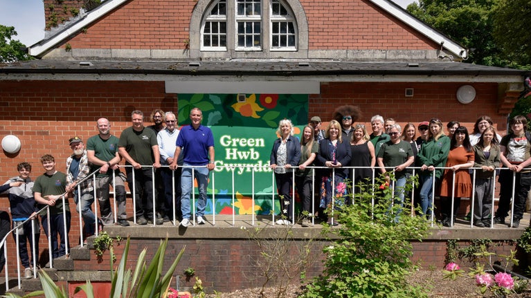 Group of college students and staff at the Green Hwb, Gower College Swansea